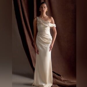 Meshki Dahlia Off Shoulder Satin Maxi Dress in Blush Gold XS NWT